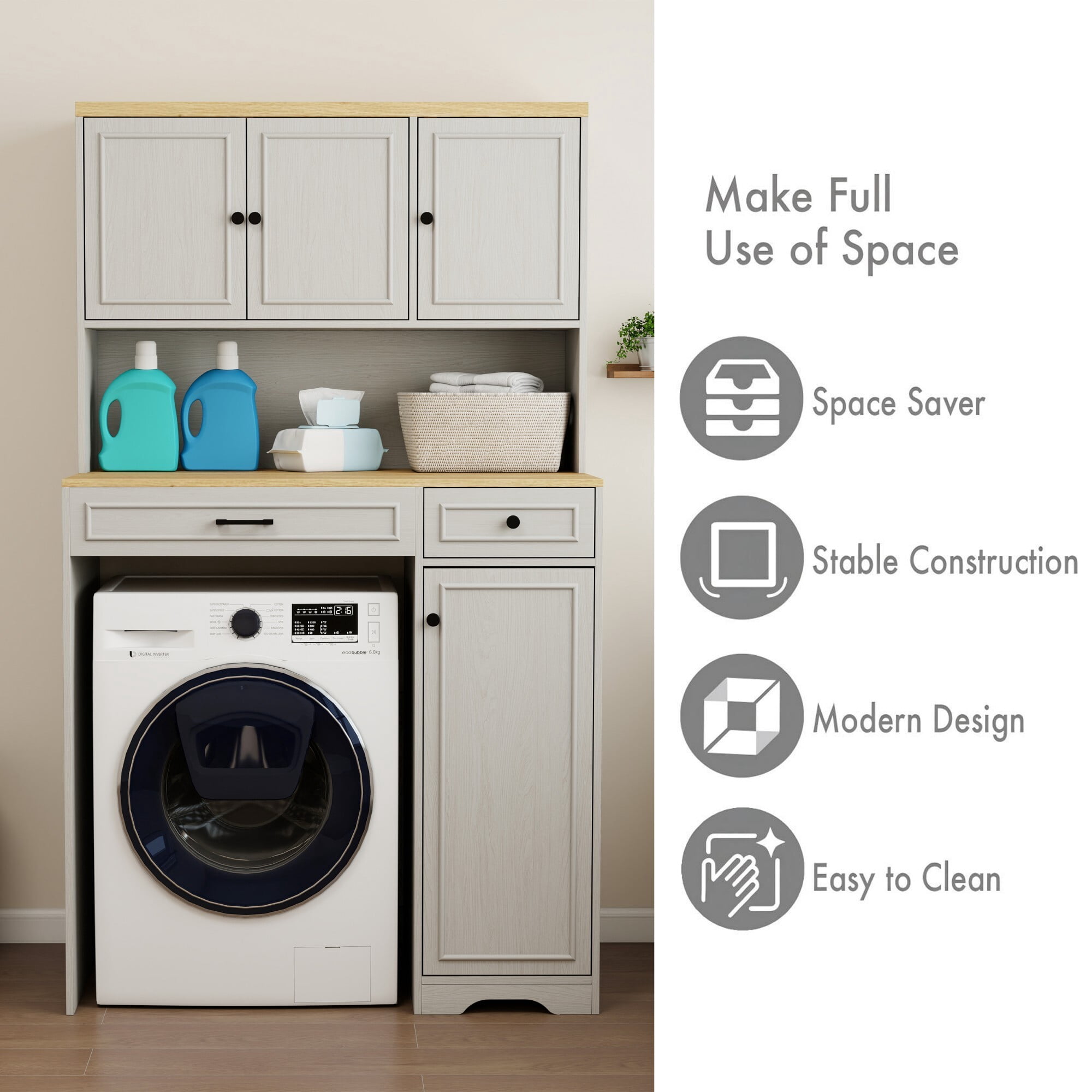 AENKYO Over-Washer Cabinet with Laundry Basket and Adjustable Shelves, Organizer for Compact Washer/Dryer, Antique White