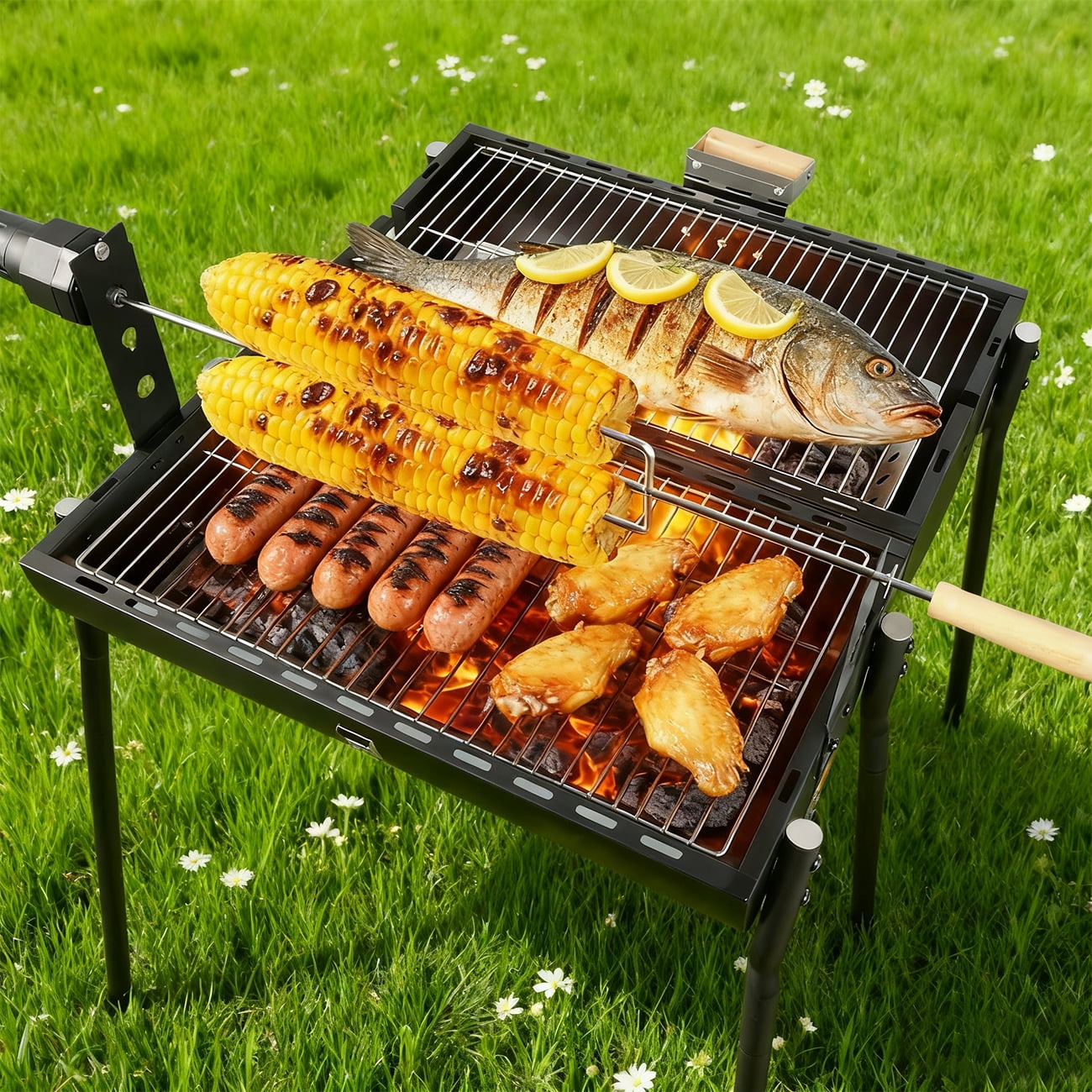 Linsen-outdoors Portable Rotisserie Charcoal Grill with Thermometer Double-sided Smoker Grill for Outdoor Patio Backyard Camping and Parties Black