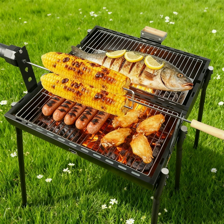 Linsen-outdoors Portable Rotisserie Charcoal Grill with