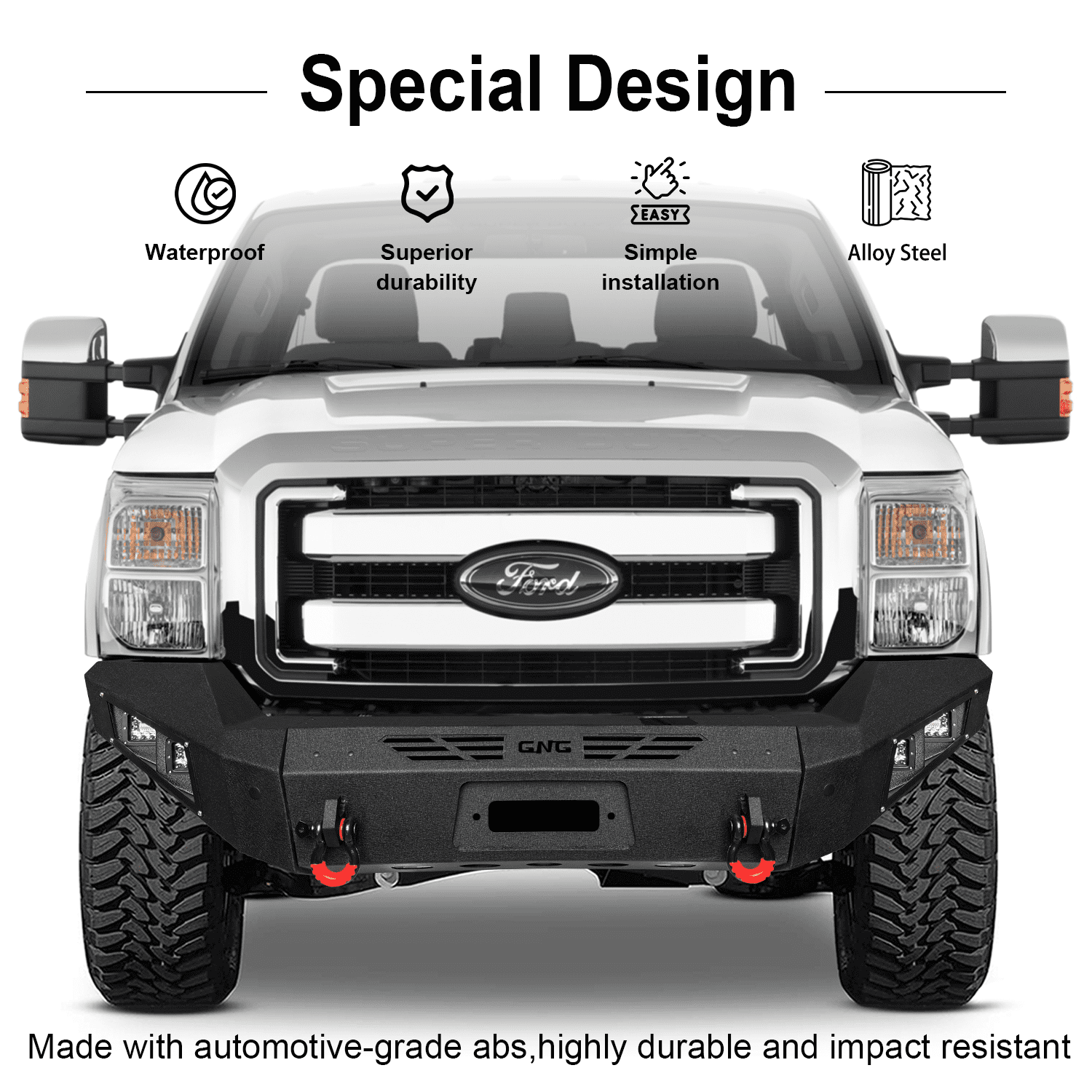 TIOYAR For 2011-2012-2013-2014-2015-2016 Ford F250/F350/F450/F550 Steel Front Bumper With Winch Plate&Square Lights (Black Texture)