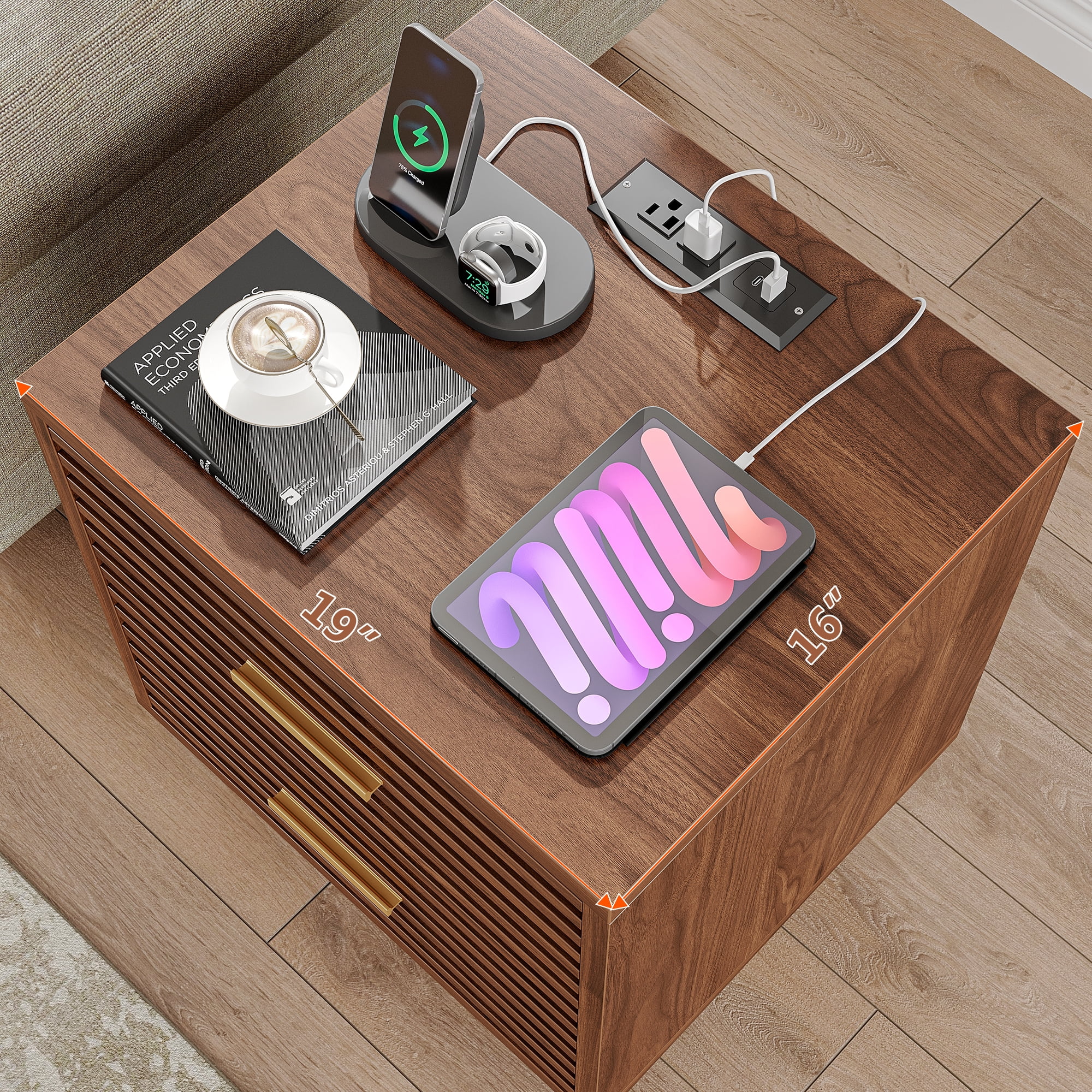Brown Nightstand Set of 2, Fluted Night Stand With Charging Station, Mid Century Modern Night Stands For Bedroom Bedside Table, Fluted Nightstand With 2 Drawers, 19" Modern Side Table With Outlets