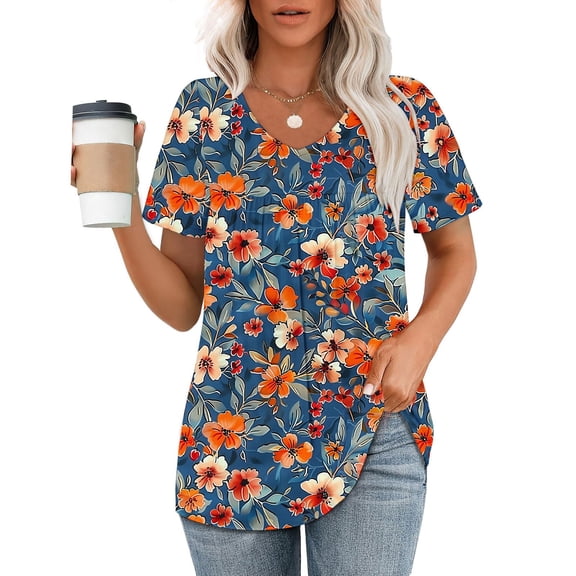ALLLIST Tops for Women V Neck Pleated Short Sleeve Blouse Casual Yellow Floral Pullover Women's Clothing