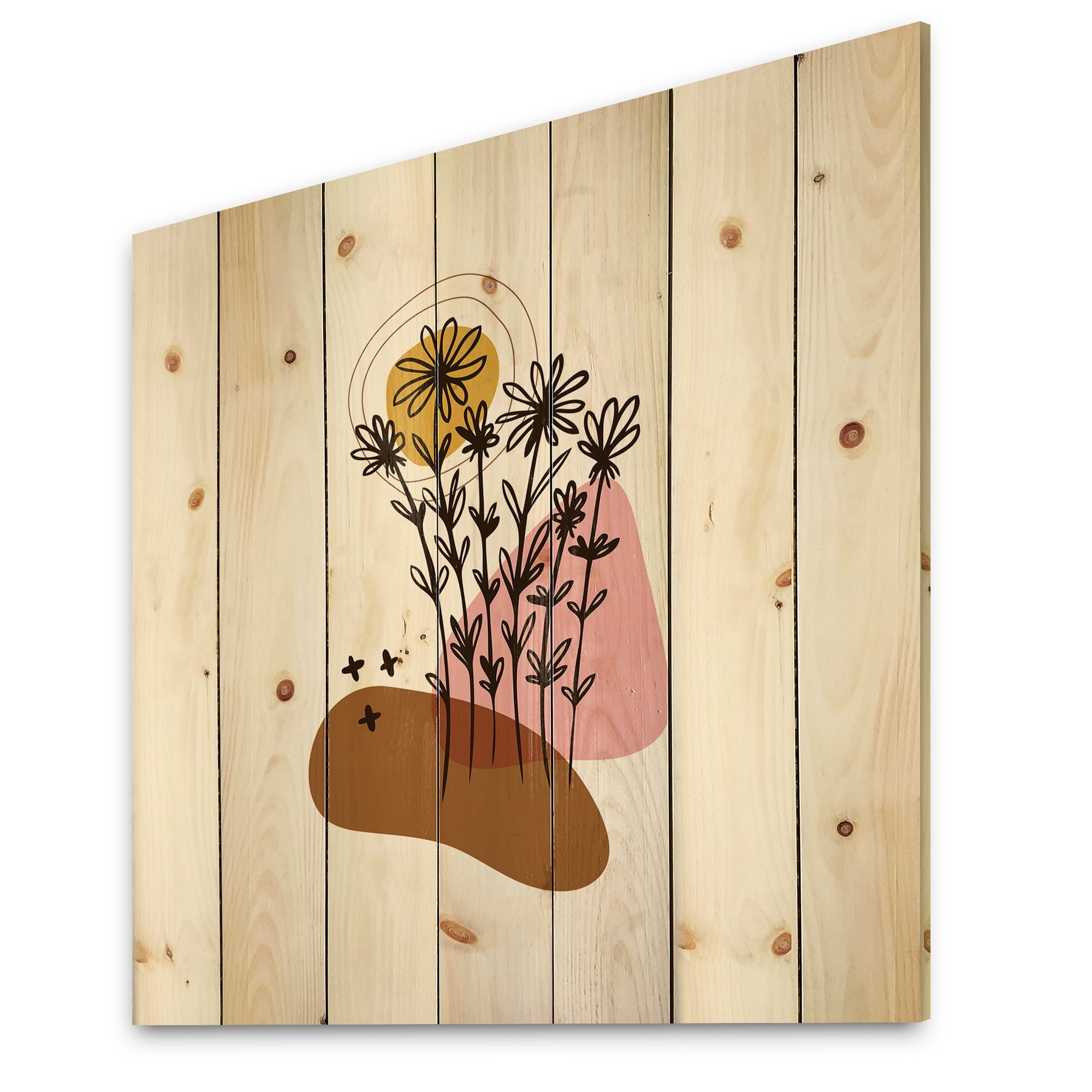 Designart 'Abstract Flowers Plants With Elementary Shapes I' Modern Print on Natural Pine Wood