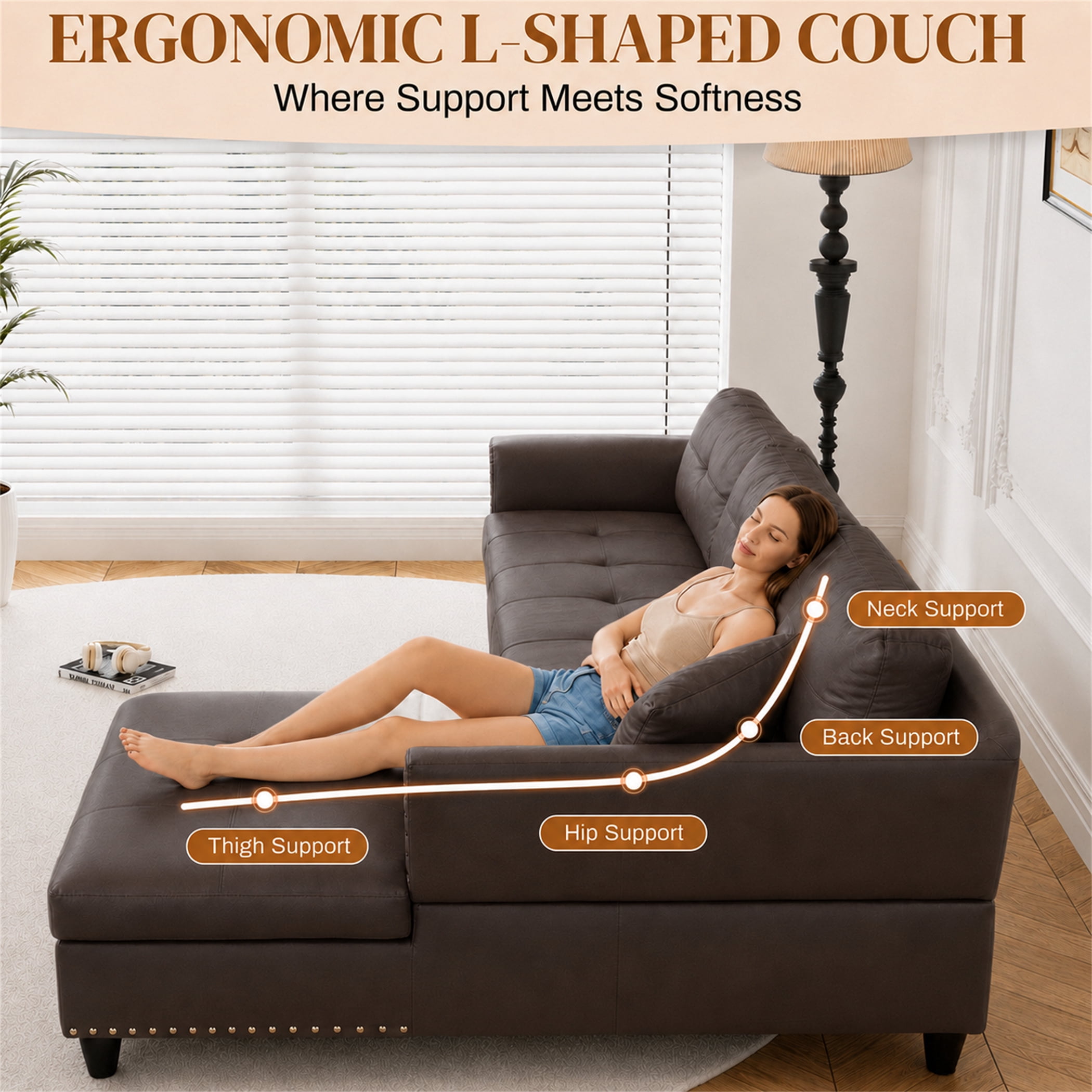 Aukfa 98" L Shaped Sectional Couch with Cup Holder Console, Tufted Back&Nailhead Trim, Oversized Right Chaise Leather Sofa for Living Room, Brown