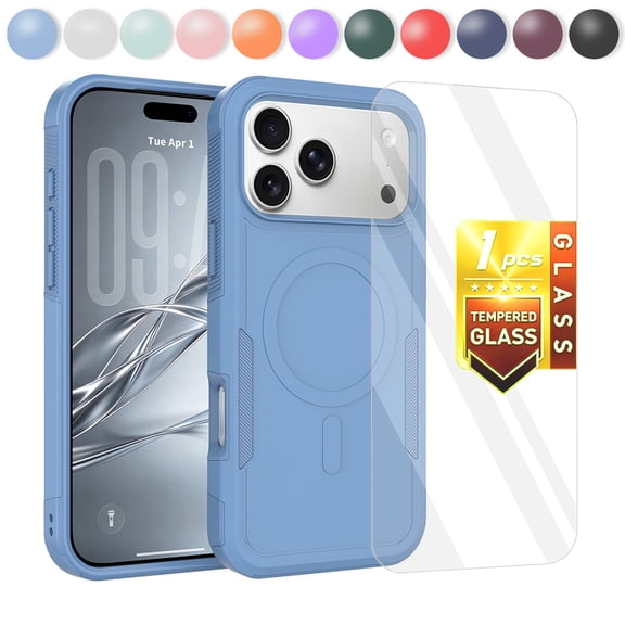 Kryonix for iPhone 17 Pro 6.3" Case with Screen Protector,Compatible with MagSafe,Shockproof Heavy Duty Military Grade Protection Case Rugged Slim Matte Cover with Magnetic,Light Blue