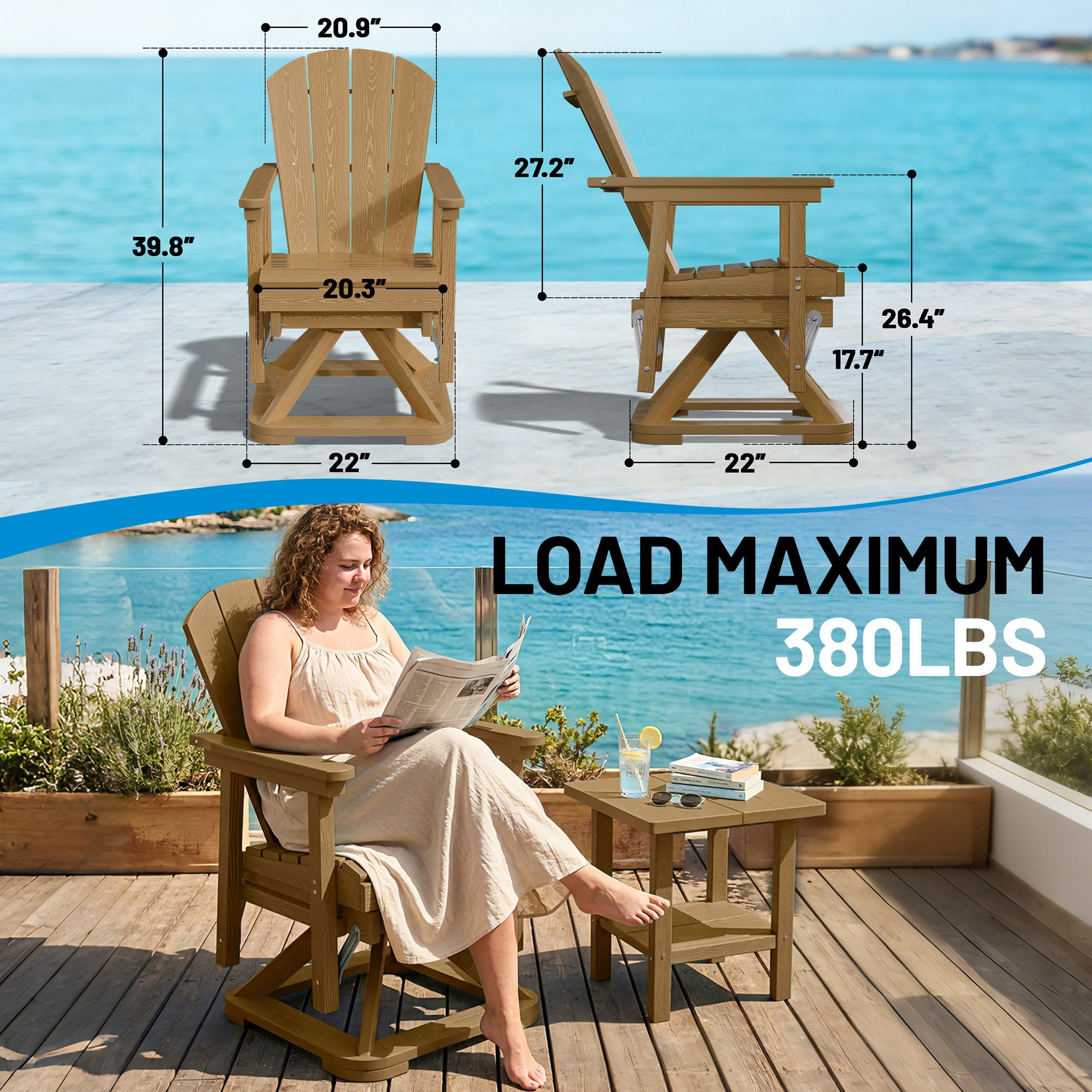 Easthome 360°Swivel Glider Adirondack Chair All-Weather HDPE Outdoor Rocking Chair with Ergonomic Backrest, Outdoor Swivel Rocker for Patio, Porch & Deck - Brown