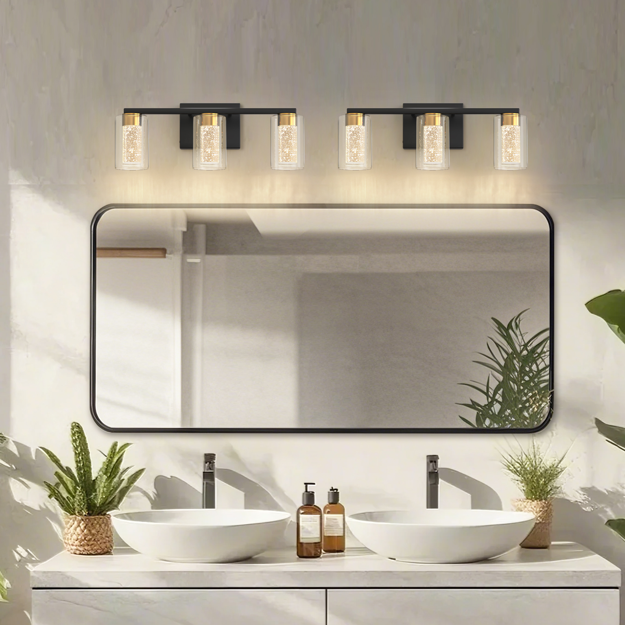 YANSUN 18 in 3-Light Black and Gold LED Bathroom Vanity Light, Warm to Cool Lighting with Clear Glass for Mirror, for Bathrooms, Powder Rooms, or Vanity Nooks