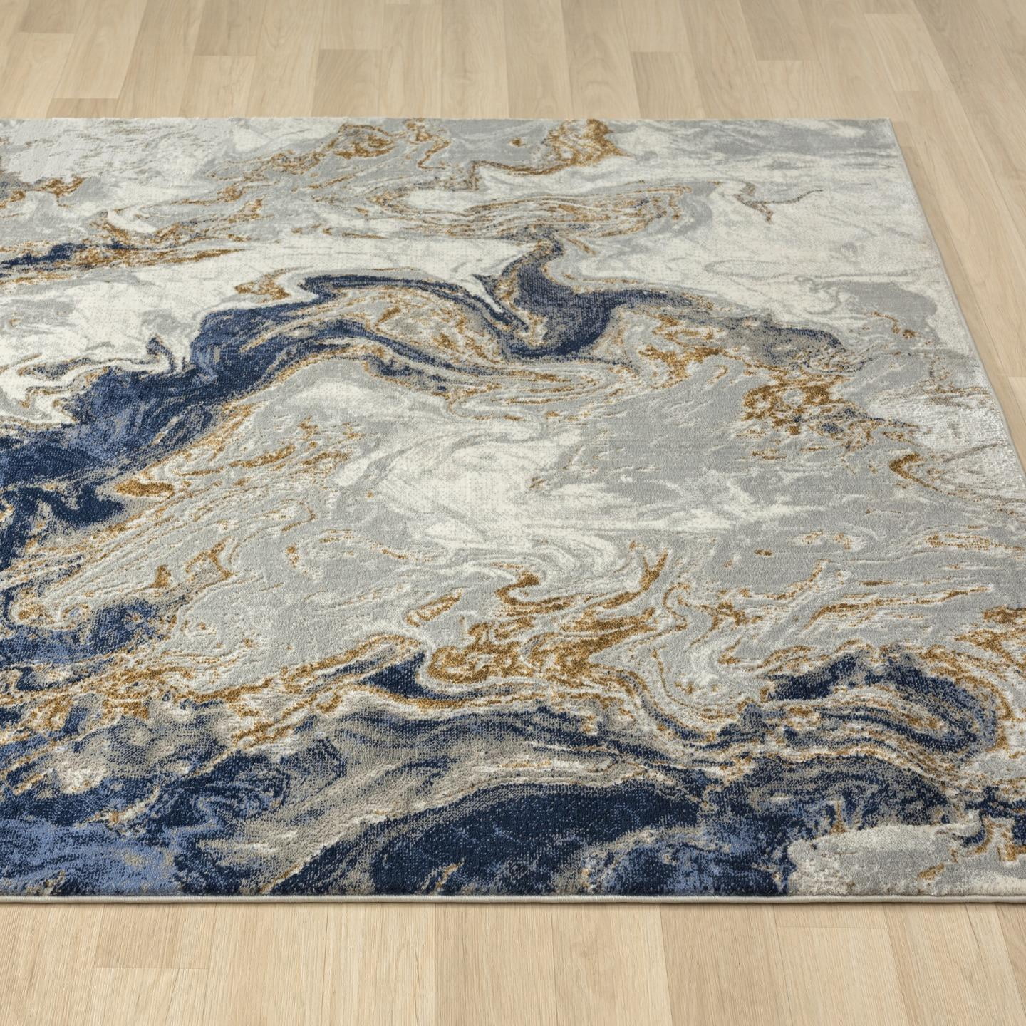 Luxe Weavers Marble Swirl Collection Blue Abstract 4x5 Area Rug Gold