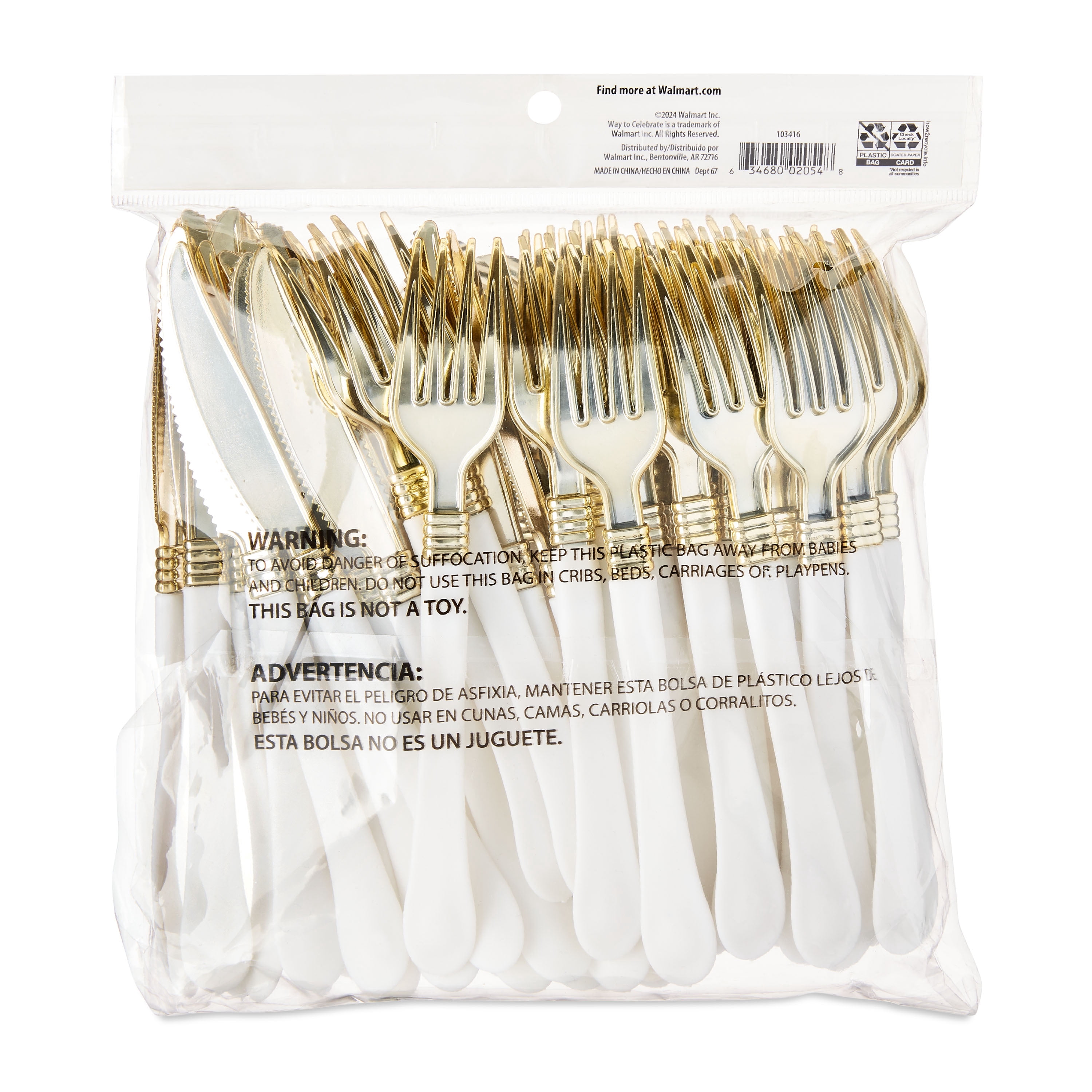Plastic Disposable Cutlery Set, Gold/White, 60 Pieces, by Way To Celebrate
