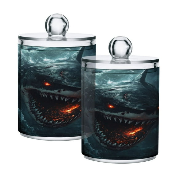 2 Pack Bathroom Canisters Transparent Storage Jar for Cotton Ball, Swab, Floss Scary Shark