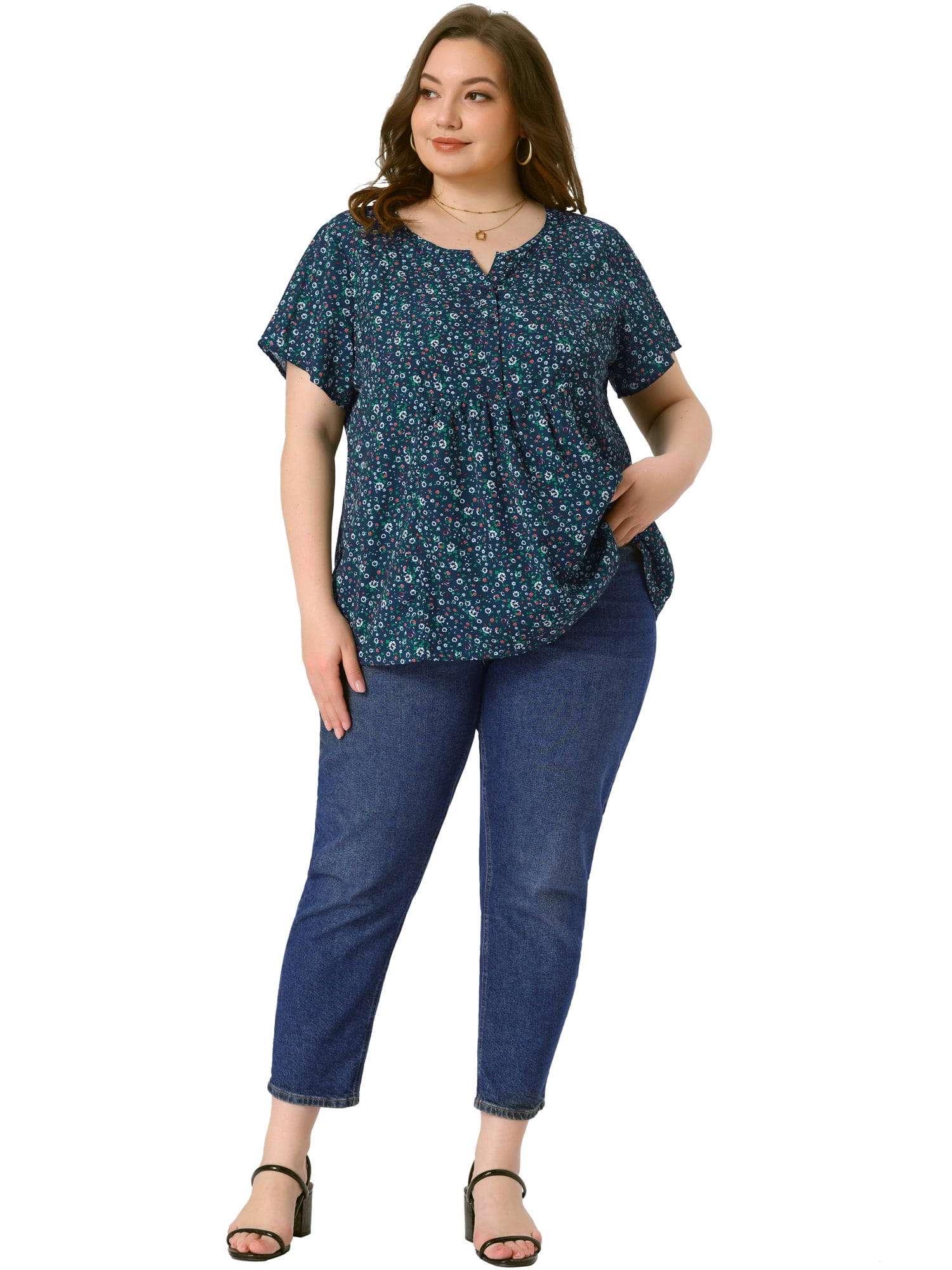 Unique Bargains Women's Plus Size Floral Half Placket Short Sleeve Blouses 2X Dark Blue