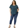 thumbnail image 3 of DARING DIVA Women's Plus Floral Half Placket Short Sleeve Casual Blouse 3X Dark Blue, 3 of 6