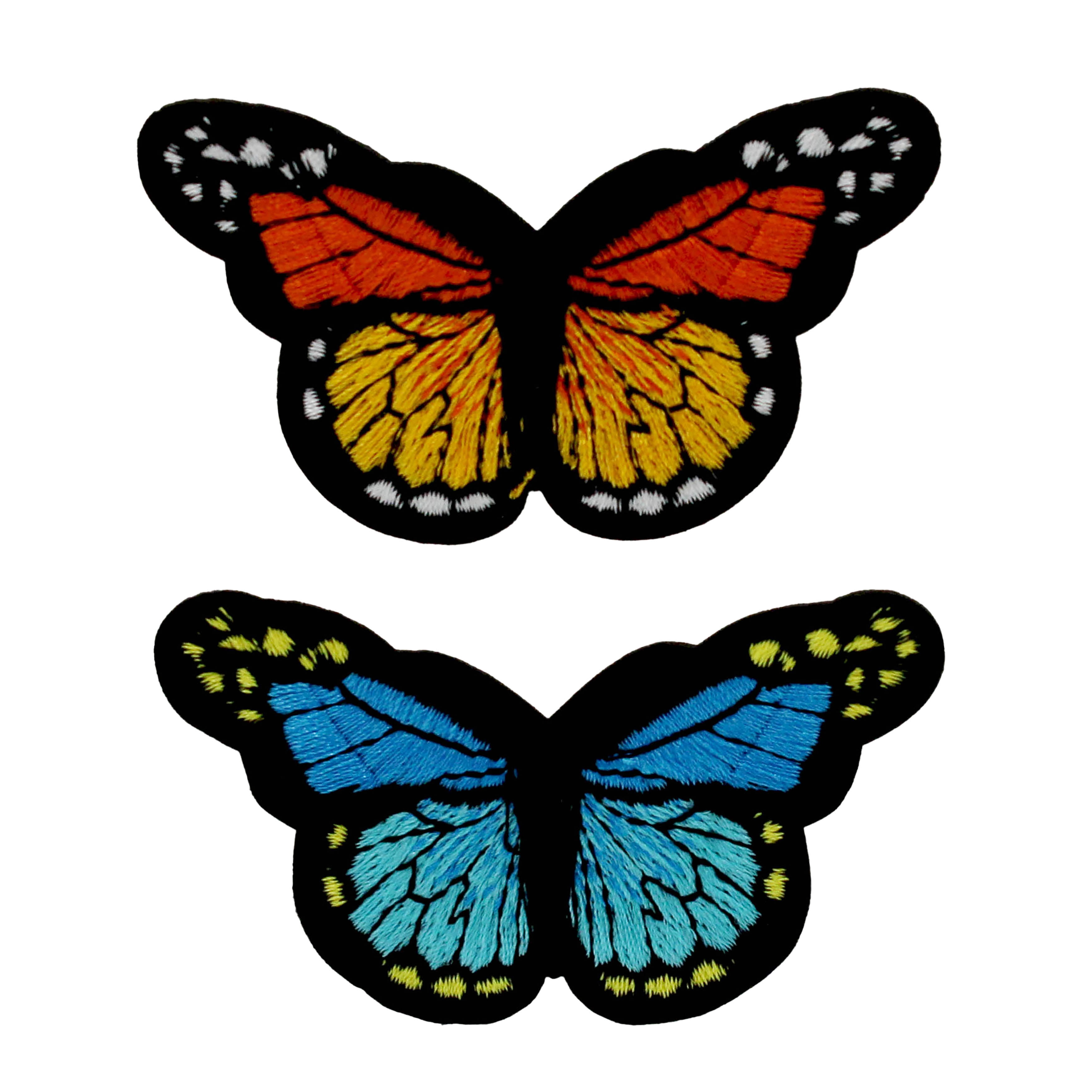(4 pack) Gwen Studios Embroidered Blue and Orange Butterfly Iron-on Patch Appliques, 3" x 1.7", 2PC