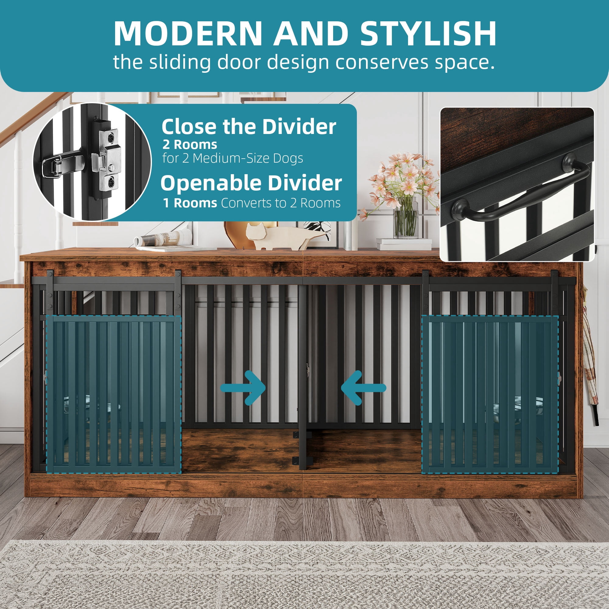 Uforic 71" Double Dog Crate Furniture, Heavy Duty Wood Dual Kennel TV Stand with Sliding Doors & Dog Bowls (Rustic Brown)