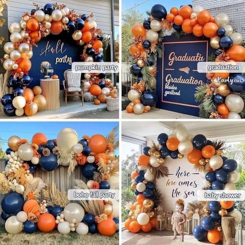 Navy Blue Orange Balloon Garland Arch Kit, Double Stuffed Dark Blue Burnt Orange Pearl White Sand Gold Balloon for Birthday Baby Shower New Year Party Decoration