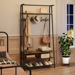 Freestanding Corner Coat Rack with 2 Shelves & Hooks, Space-Saving