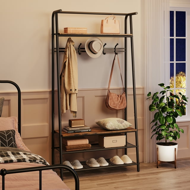 Hall Tree with 5 Hooks, 4-In-1 Entryway Coat Rack and Shoe Storage Bench, Sturdy Metal Frame Multi-Functional Hallway Organizer with Storage, Industrial Accent Furniture for Living Room