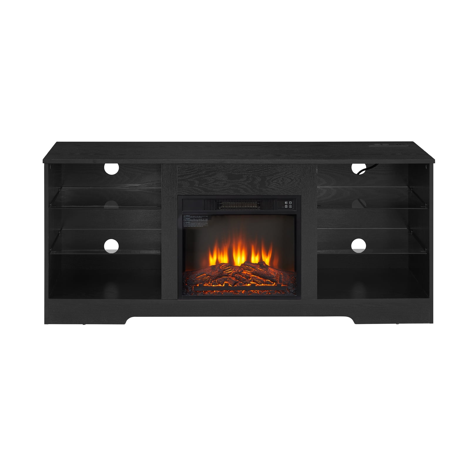 Homhougo 14000W Electric Fireplace TV Stand for 55 inch TV, Entertainment Center with 18'' Fireplace and LED Lights, 7 Flame Color Setting TV Console with Open Glass Shelf, Black