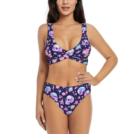 Zeuib crystal Skull flower cool High Waisted Tummy Control Bikini Set - Knot Front Push Up Top & Cheeky Thong Bottom  Two-Piece Swimsuit for Women-Medium