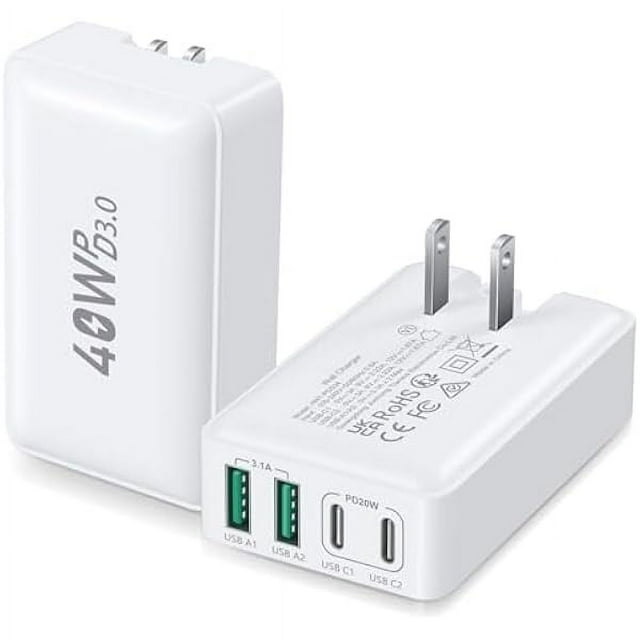 wonima22 USB C Charger Block, 40W 4-Port Flat USB Wall Charger Adapter Multiport Dual PD+QC Foldable Slim Fast Charging Plug Compatible for iPhone 16 15 Pro Max 14 13 iPad Watch Galaxy S23,2Pack White