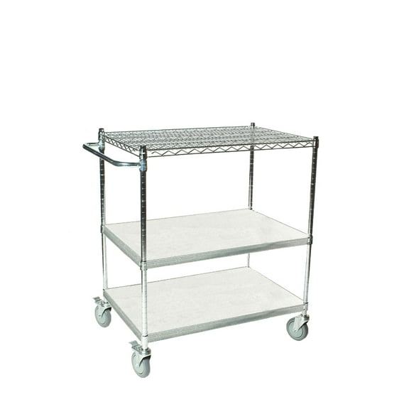 21" Deep x 36" Wide x 39" High 3 Tier Chrome Shelf Cart with 1 Wire Shelf & 2 Solid Shelf
