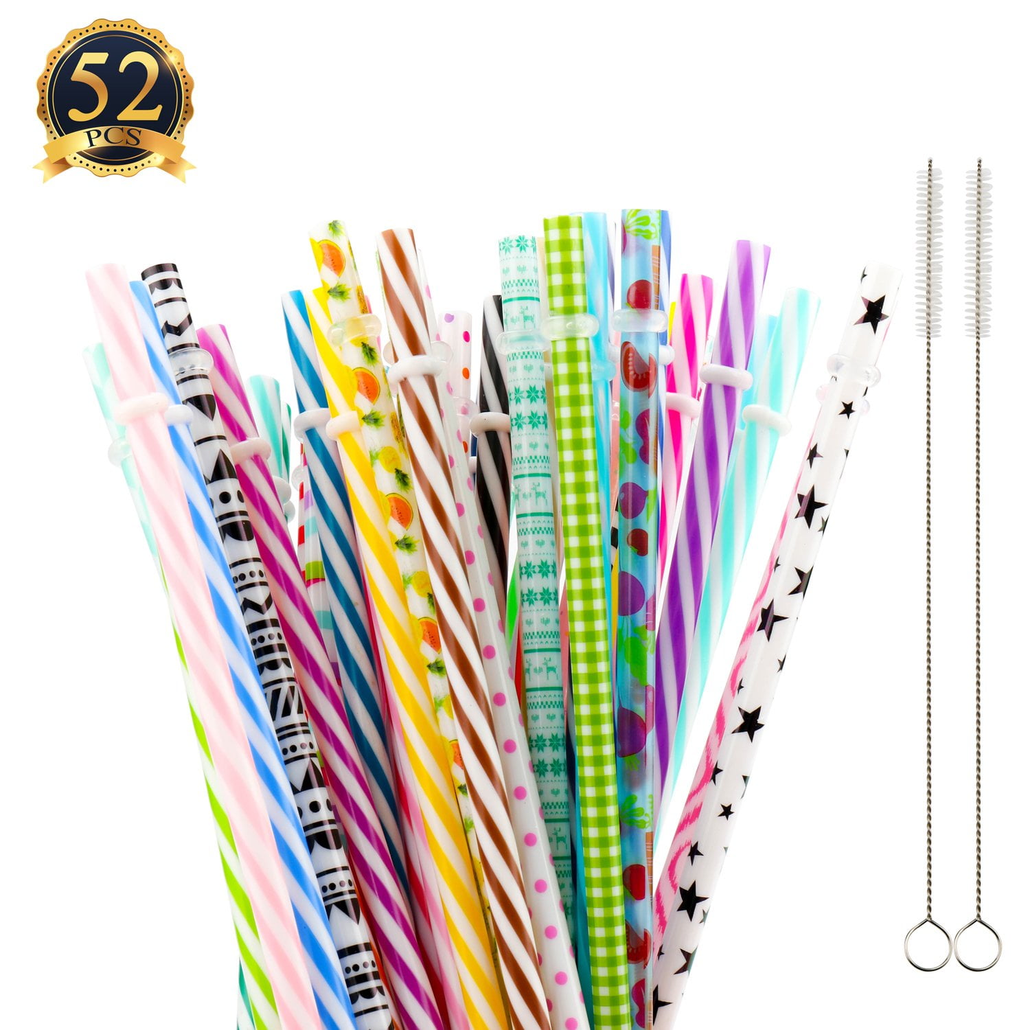 50 Pack Reusable Straws, BPAFree, 9' Colorful Hard Plastic Stripe