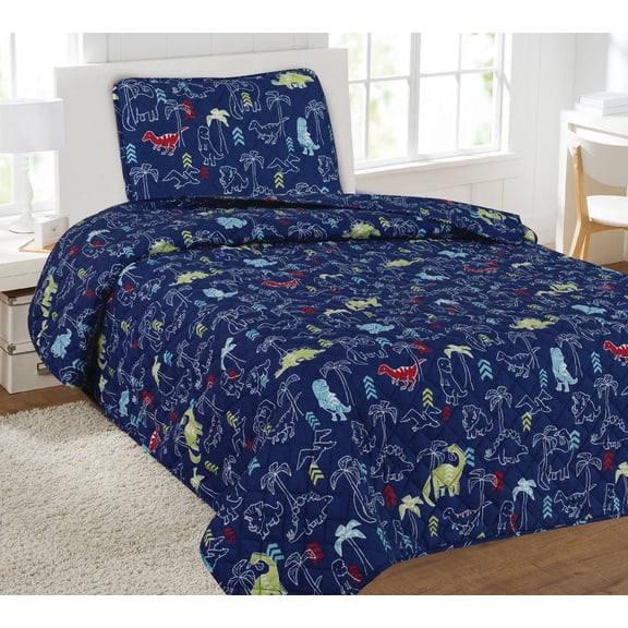 Children's 2 Piece Quilted Bed Spread Cover - Navy Dinosaur