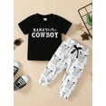 thumbnail image 2 of Bagilaanoe 2pcs Newborn Baby Boys Long Pants Set Short Sleeve Letter Print T Shirt Tops + Flare Trousers 3M 6M 12M 18M 24M Infant Casual Outfits, 2 of 9