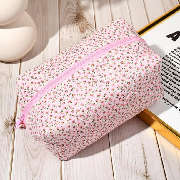 Quilted Makeup Bag Floral Cosmetic Bag Puffy Coquette Makeup pouch Aesthetic Cute Pink Travel Toiletry Bag Organizer