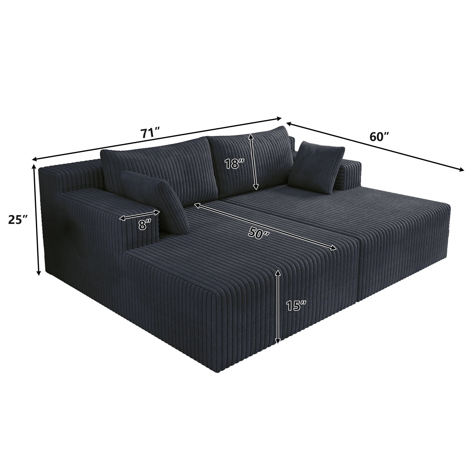 Aukfa 71" Oversized Double Chaise Lounge Indoor, Modular Boneless Cloud Couch Sleeper Loveseat, Deep Seat Corduroy Sofa Bed, No Assembly Required for Living Room Bedroom, Dark Gray
