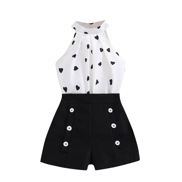 Shorts pour Filles, Débardeurs Décontractés Sans Manches à Col Rond avec Bretelles Imprimé Bouton