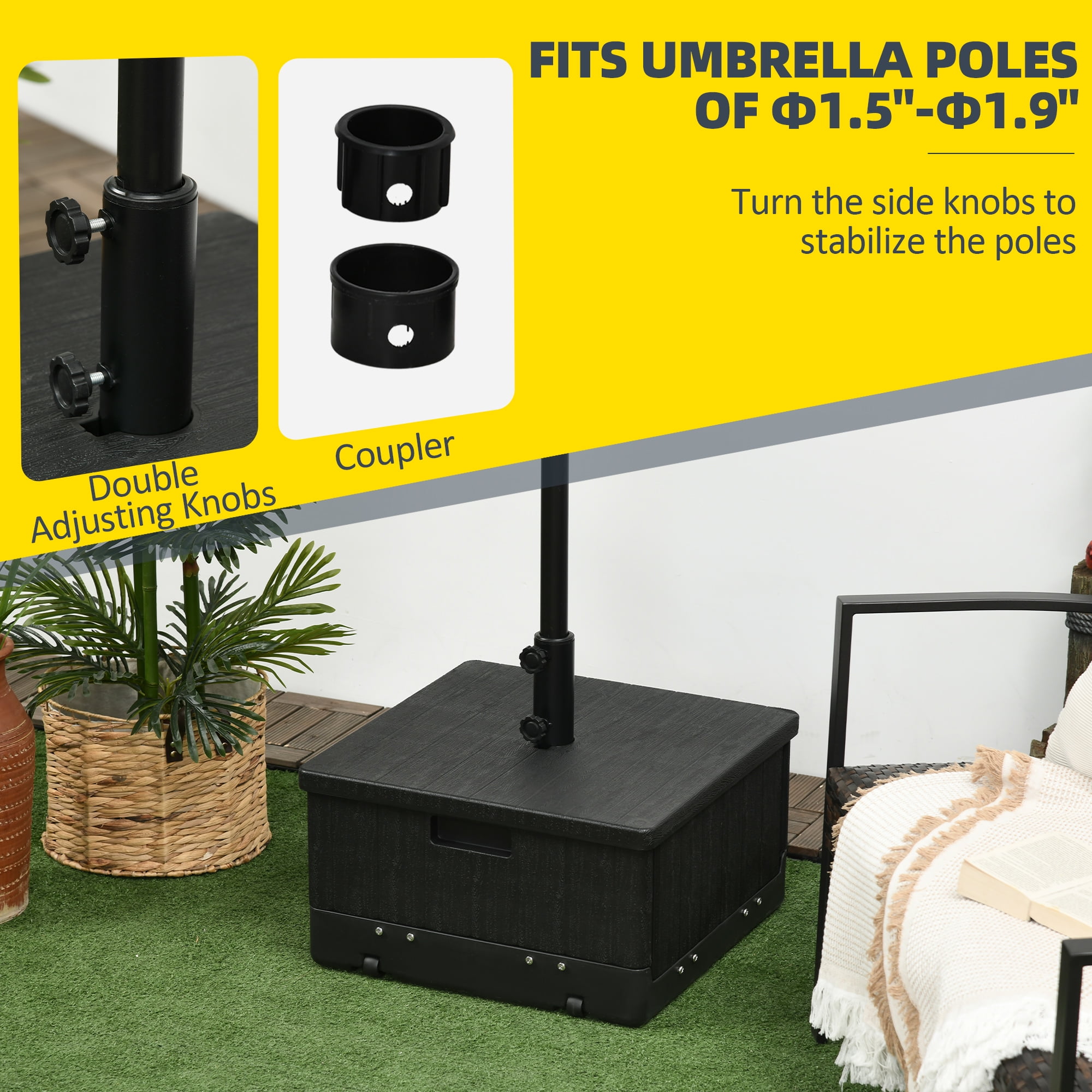 3-in-1 Outdoor Umbrella Base, Coffee End Table, Flower Box Planter, 175lbs Capacity Patio Umbrella Stand Table with Wheels and Handles, Black