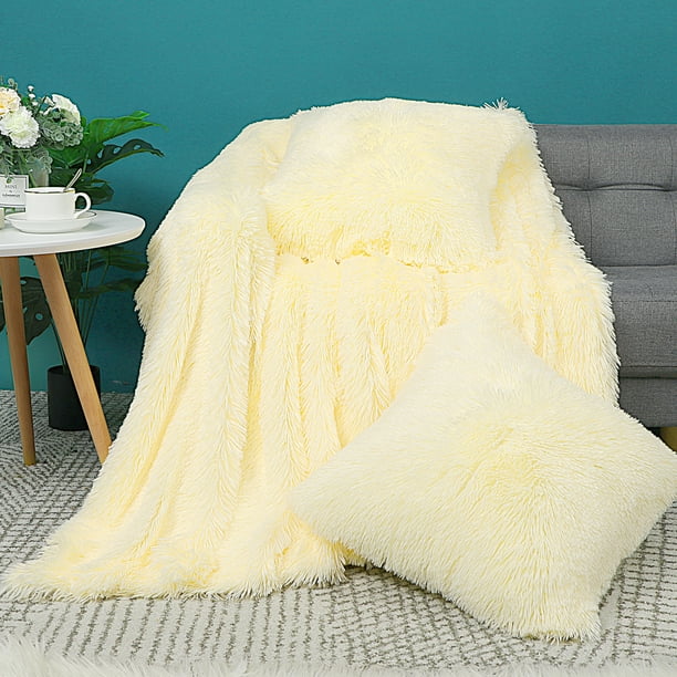 Faux Fur Decorative Throw Blanket with 2 Cushion Covers, 50" x 60" Pale