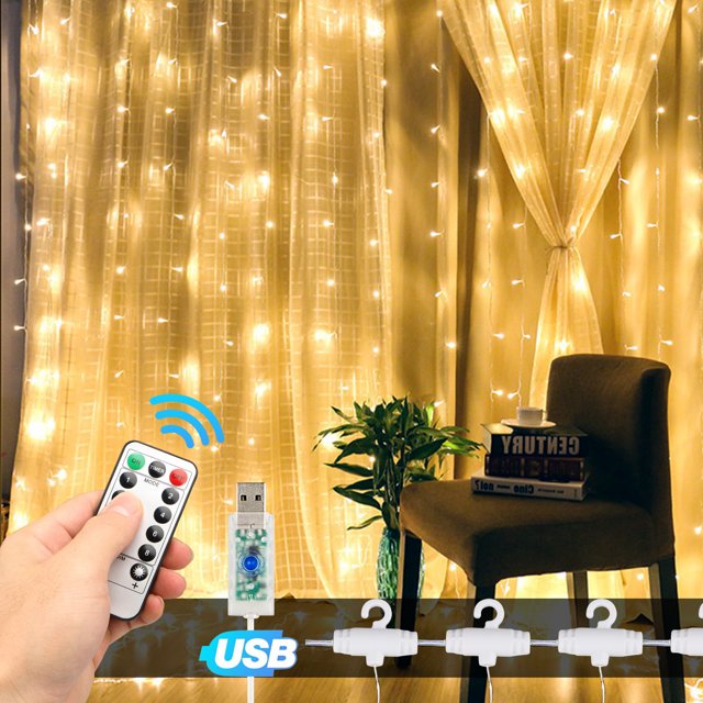 9.8x9.8ft Window Curtain String Fairy Lights with Remote & Timer, 300 LED Fairy Twinkle Lights, 8 Lighting Modes with Hanging Hook for Bedroom Wedding Party Backdrop Outdoor Indoor Decoration