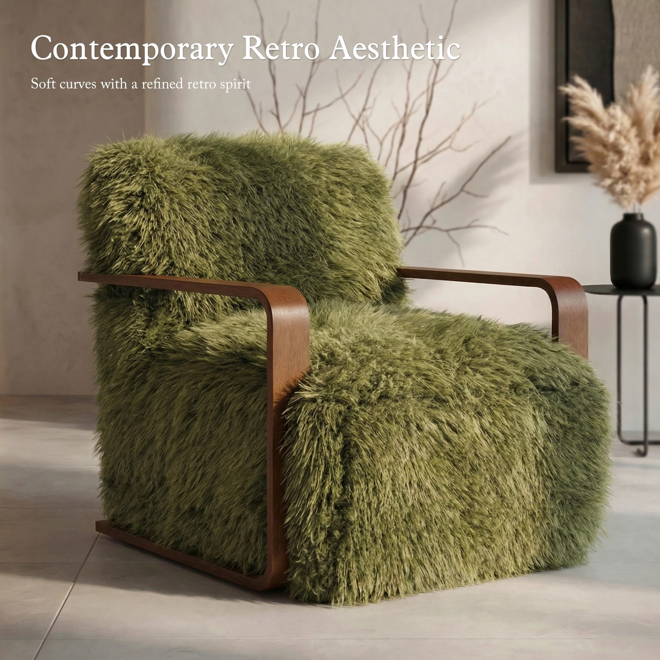 Aenkyo Yeti Contemporary Faux Fur Accent Chair with Dark Walnut Wood Arms, Green