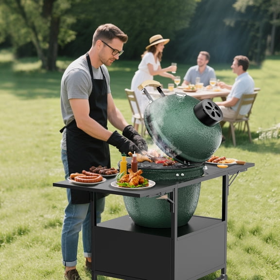 Outdoor Grill Table Cart for Big Green Egg Large Kamado Joe Jr Style Ceramic Cookers 2 Fold Down Side Shelves Heavy Duty Steel BBQ Prep Station with Locking Wheels Storage Cabinet Waterproof Black