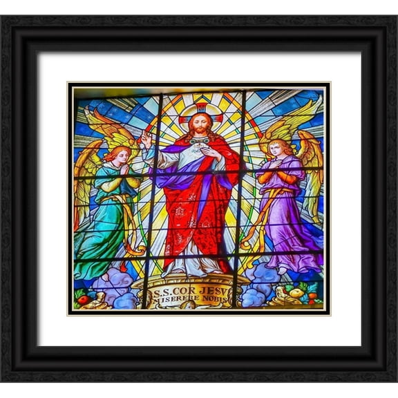 Perry, William 22x20 Black Ornate Wood Framed with Double Matting Museum Art Print Titled - Colorful Jesus Archangels Stained glass Cathedral Puebla-Mexico Church built in 15 to 1600s