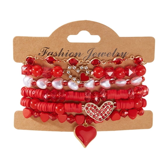 Cheapark 5 Piece Valentines Day Heart Bracelet Set for Women Red Gift Polymer Clay Beaded Stretch Bracelet Stackable Jewelry Gift