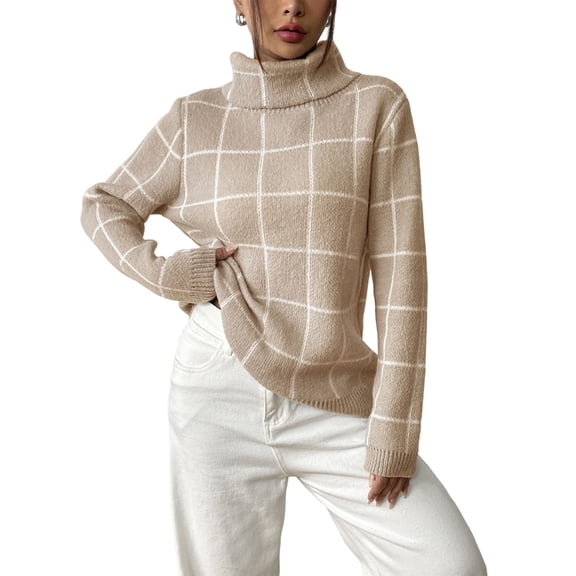 Women Fall High Neck Plaid Sweater Long Sleeve Loose Casual Chunky Checked Knit Winter Sweaters Jumper Tops Khaki S