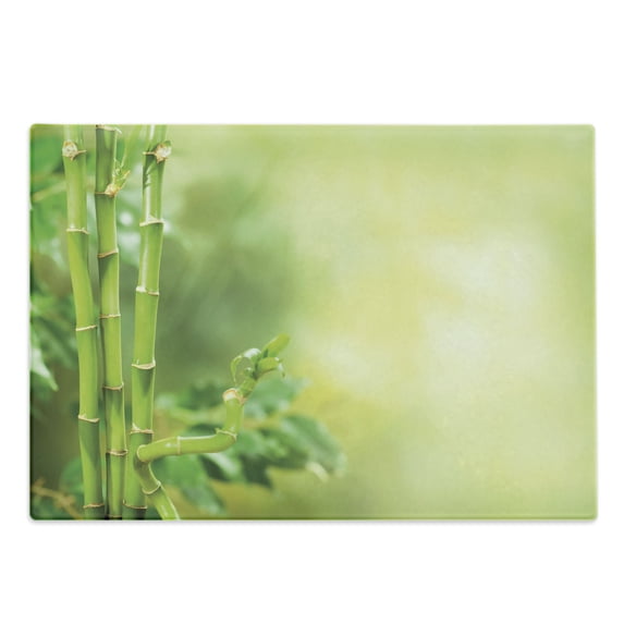 Spa Cutting Board, Green Nature Bamboos with Other Tree Braches and Bushes Image, Decorative Tempered Glass Cutting and Serving Board, Large Size, Green and Pale Green, by Ambesonne