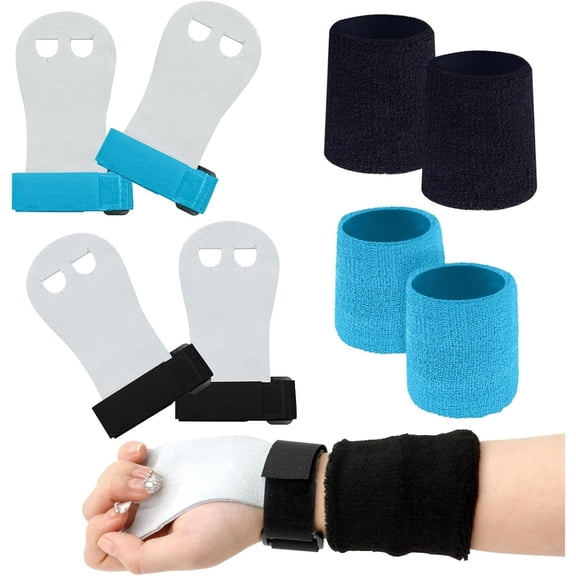 ZYNERY 2 Pairs Gymnastics Grip Pads with 2 Pairs Wristbands for Kids, Leather Weightlifting Gymnastics Sports Fitness Hand, Wrist Protectors Set for Weightlifting/Pull-up Sports (Black Blue)