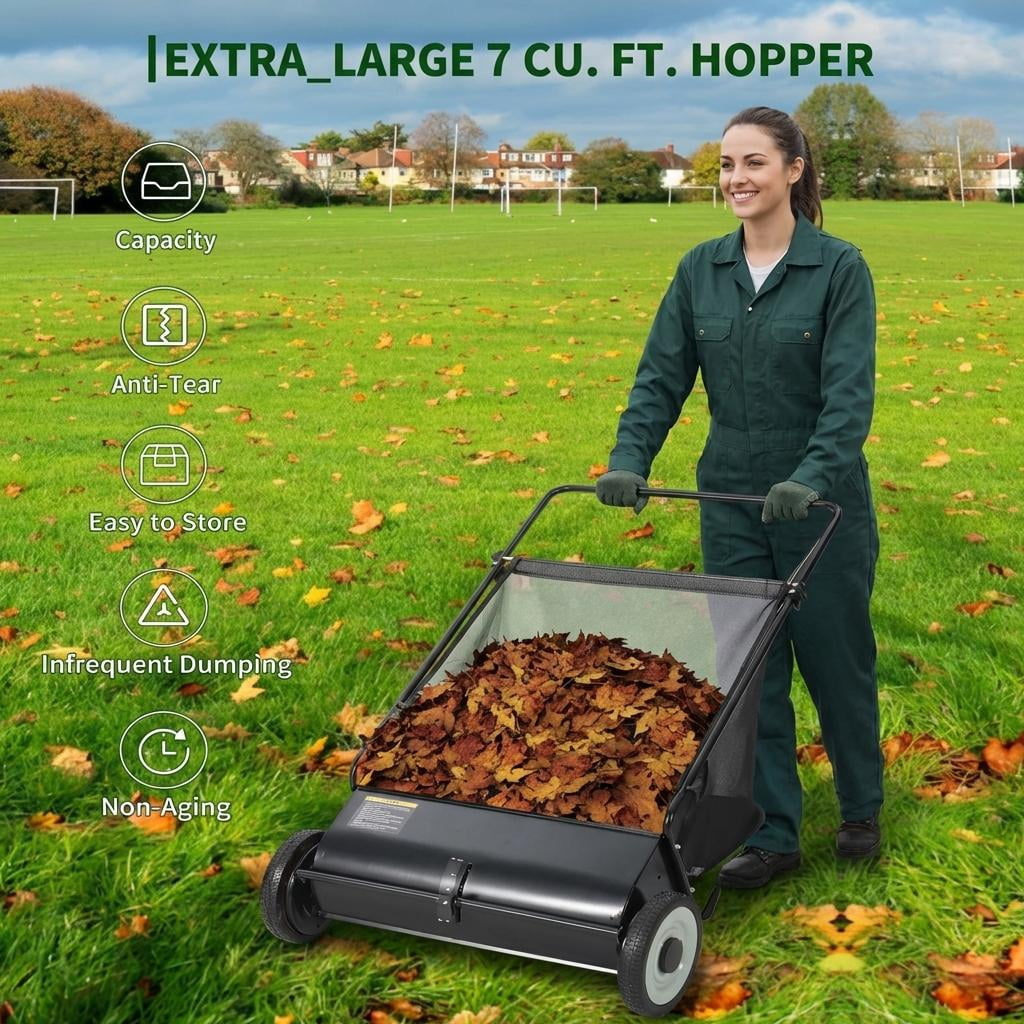 AIKKYS 26 Inch Heavy Duty Push Lawn Sweeper with 4 Spinning Brushes,Steel Frame 7 Cu. Ft. Leaf & Grass Collector,Adjustable Height,Black