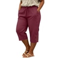 thumbnail image 6 of Women's Plus Size Casual Solid Lace Trim Drawstring 3/4 Pants, Cotton Linen Blend Summer Capris, Soft Elastic Waist Side Pockets, Lightweight Breathable for Work Walking | TruHer,Wine 4XL, 6 of 6
