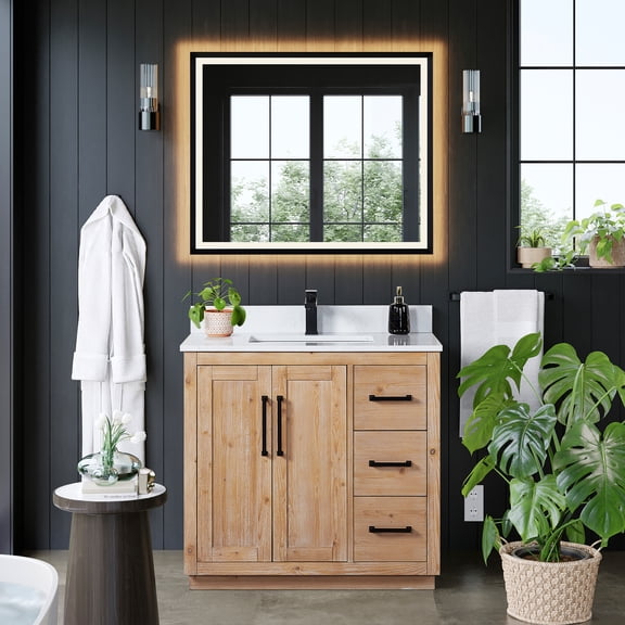 Cicero 36" Wood Vanity in Light Brown with White Composite Stone Top with Mirror