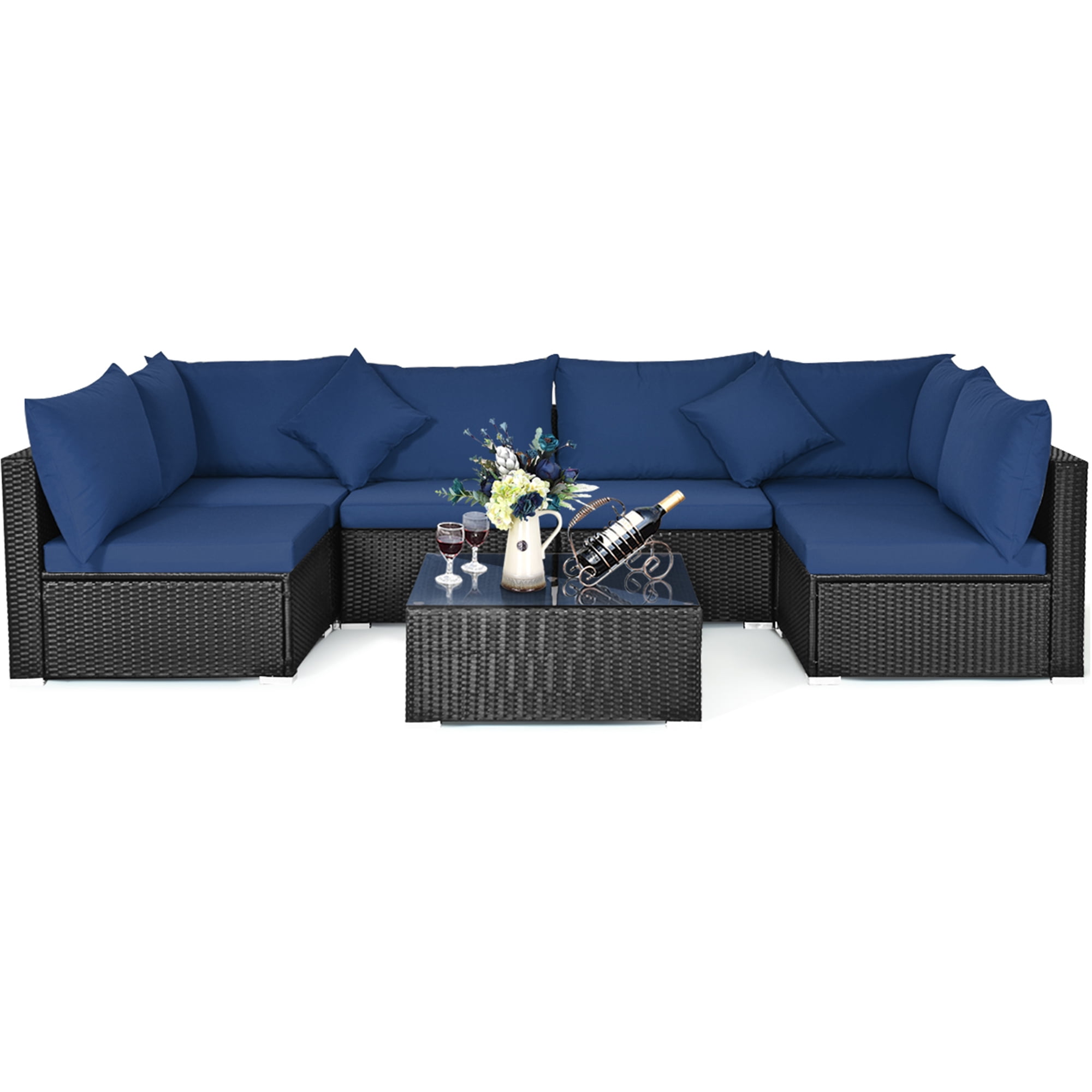 Outdoor Patio Furniture Couch  7 PCS Wicker Rattan Cushioned Sofa Sectional Set 