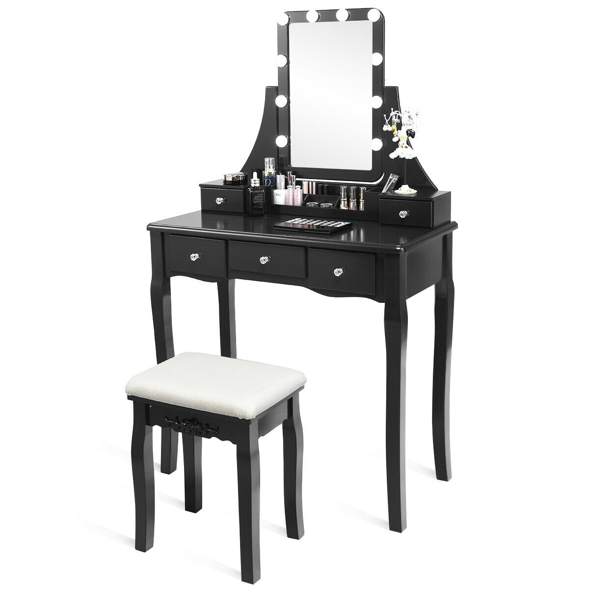Coiffeuse Avec Miroir LED Et 11 Tiroirs - Avec Prise électrique, Tabouret Inclus - Pour Chambre, Maquillage