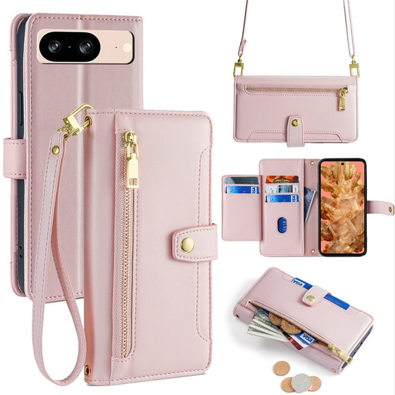 Allytechgroup for Google Pixel 10 Pro XL Wallet Case, Large Space Cards Slots Zipper Pocket Shoulder Strap Stand Shockproof Wallet Phone Case Full Body Cover for Google Pixel 10 Pro XL, Pink