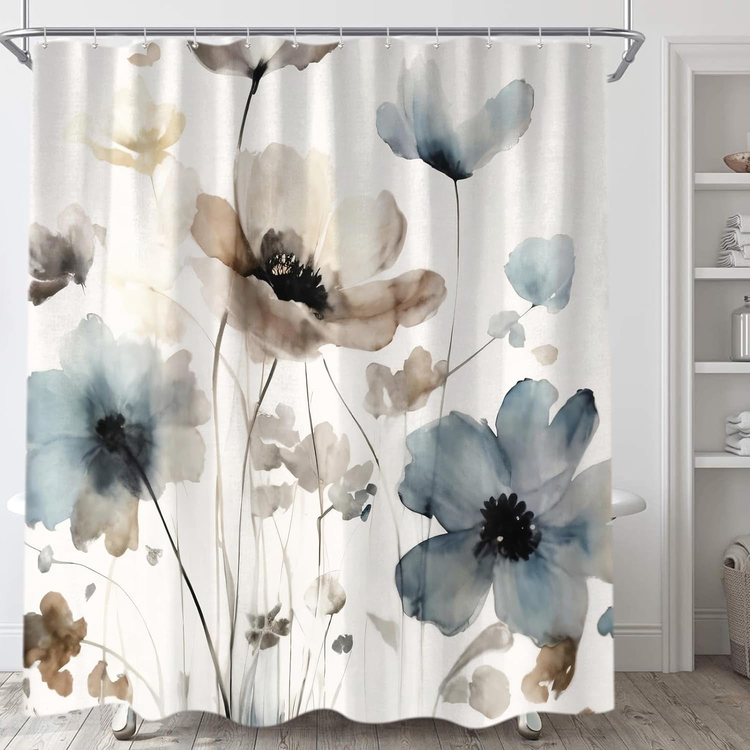 Boho Floral Shower Curtain, Cream Tan Beige Blue Grey White Watercolor Flower Fabric Shower Curtains Set for Bathroom Decoration with Hooks 72 X 72 inch Cute Farmhouse Bath Decor