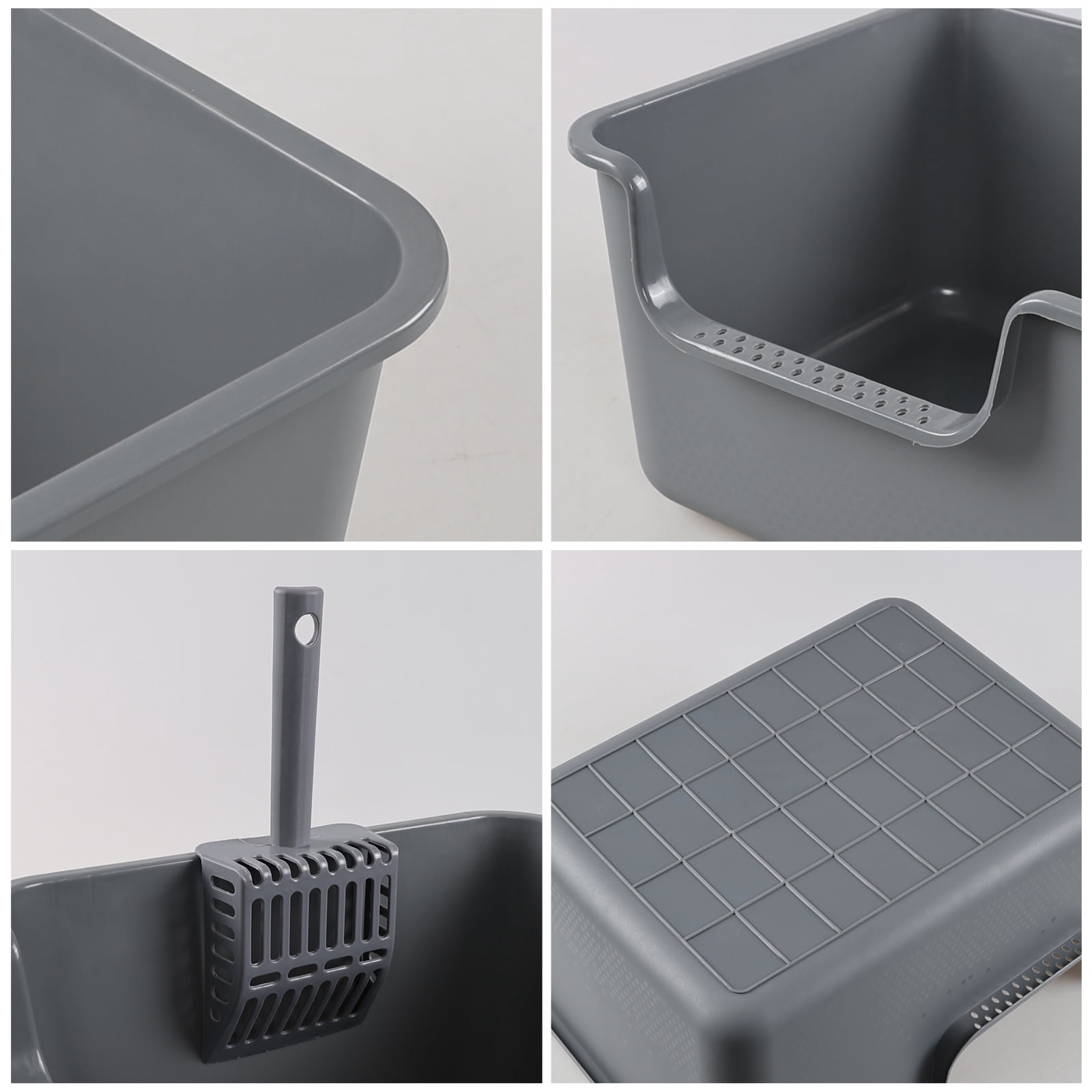 Obstnny 4-Pack Plastic Open Top Cat Litter Box, Litter Box with High Sides, Gray