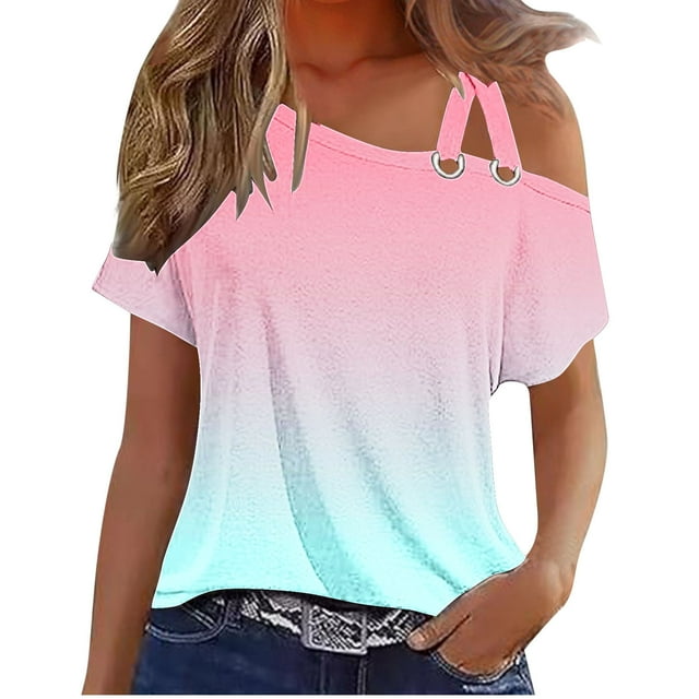 Scyoekwg T-Shirts Graphiques d'Été pour Femmes Tendance Col Rond Épaules Dénudées Dégradé Couleur Ample Confortable Léger Décontracté Manches Courtes T-Shirts Blouses (Rose, m)
